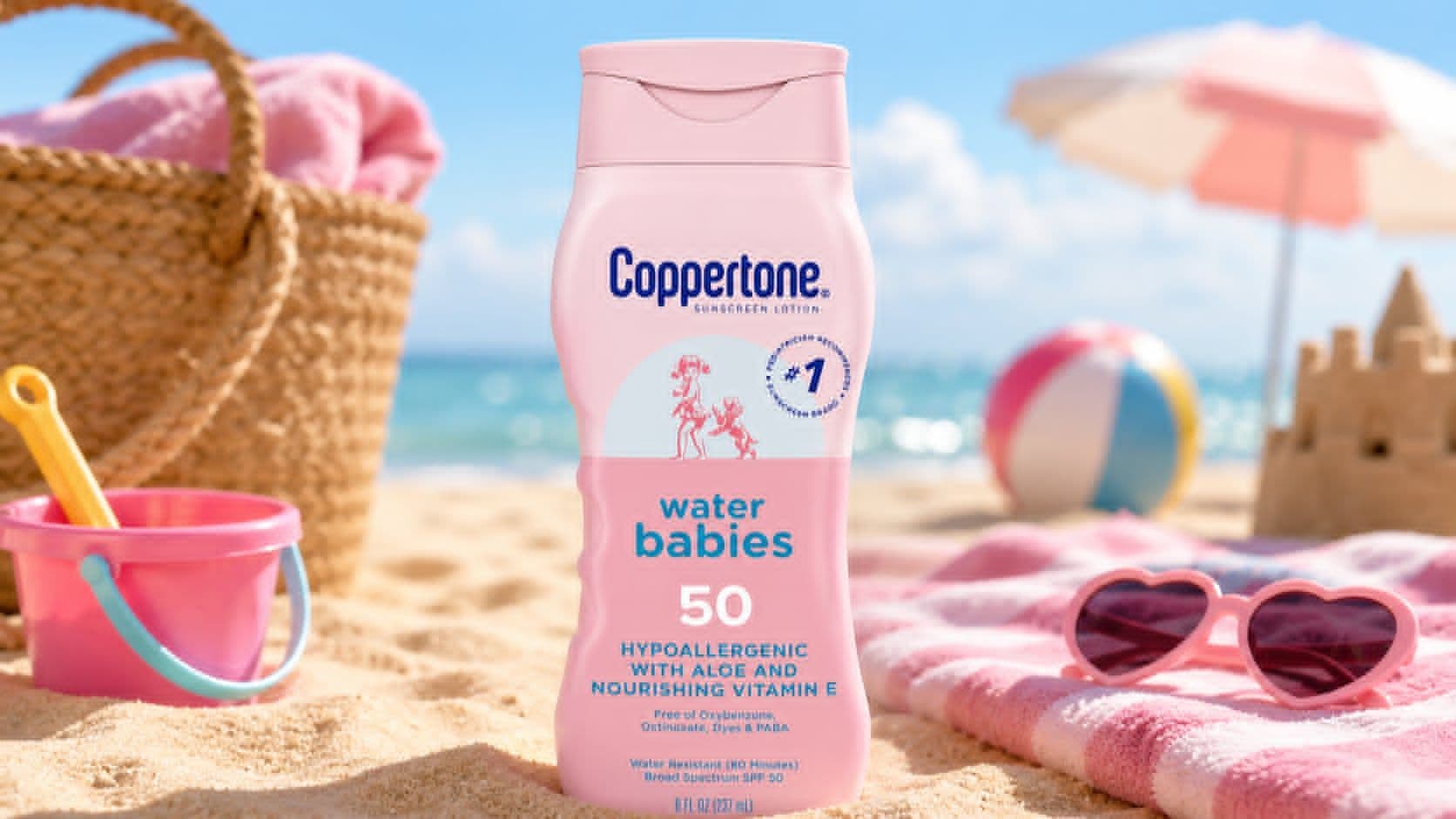 Coppertone WaterBabies Baby Sunscreen Lotion SPF 50 bottle for babies and kids with sensitive skin, broad-spectrum UVA/UVB protection and 80-minute water resistance