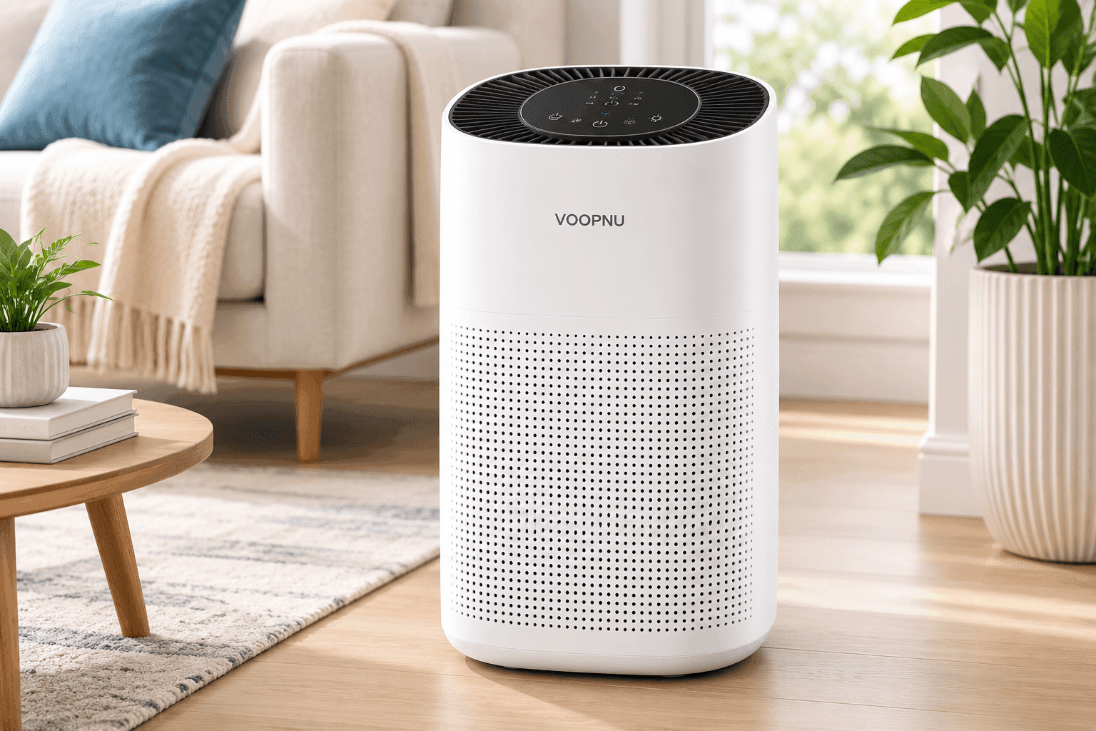 VOOPNU Air Purifier with H13 True HEPA filter for bedrooms, homes, offices, and small living spaces, designed to capture dust, pet dander, pollen, smoke, and odors.