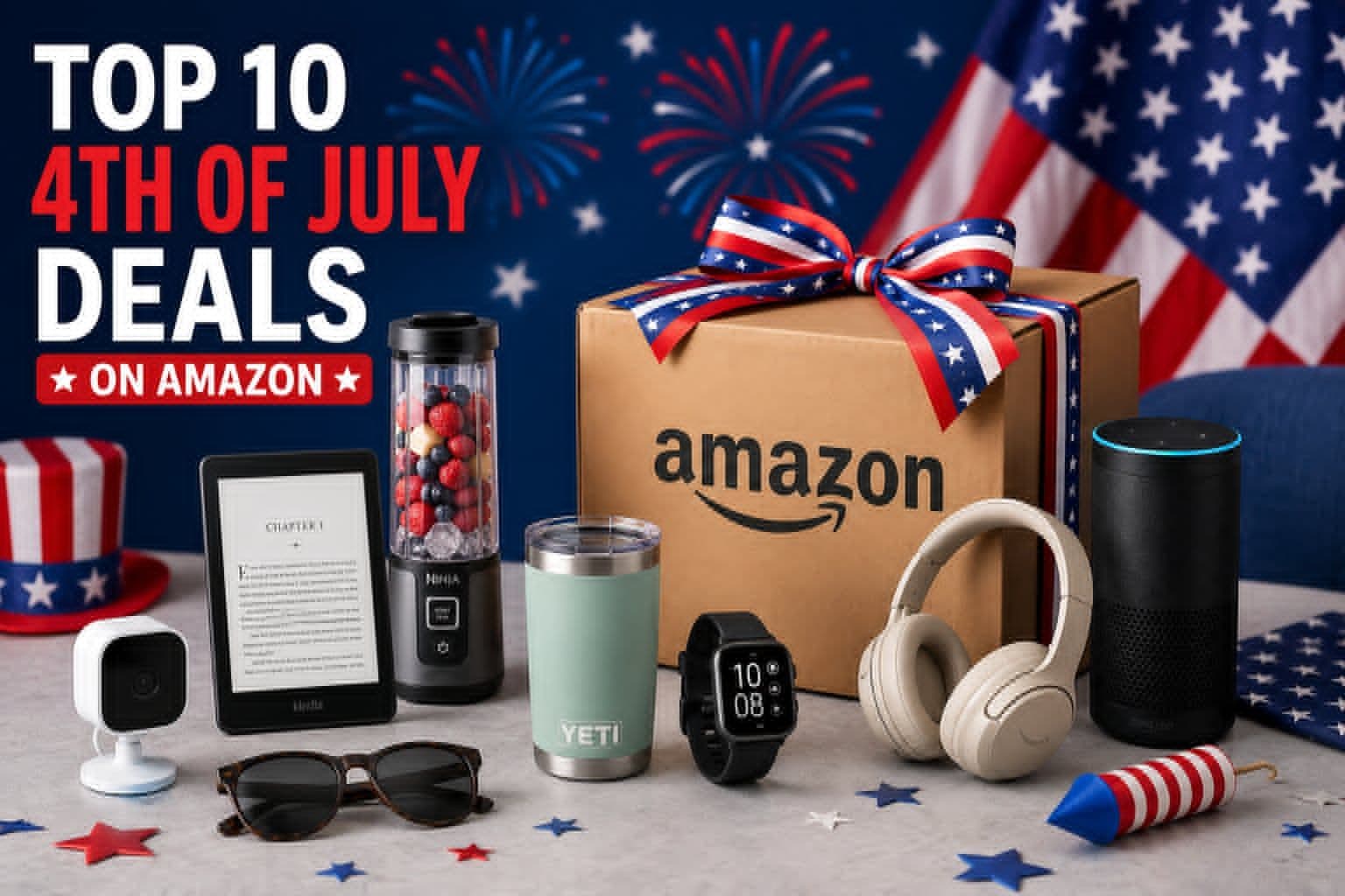 Top 10 4th of July deals on Amazon featuring discounted Apple AirPods Pro, Dyson V8 vacuum, Breville Smart Oven, Le Creuset Dutch Oven, and other popular home, kitchen, and tech products.