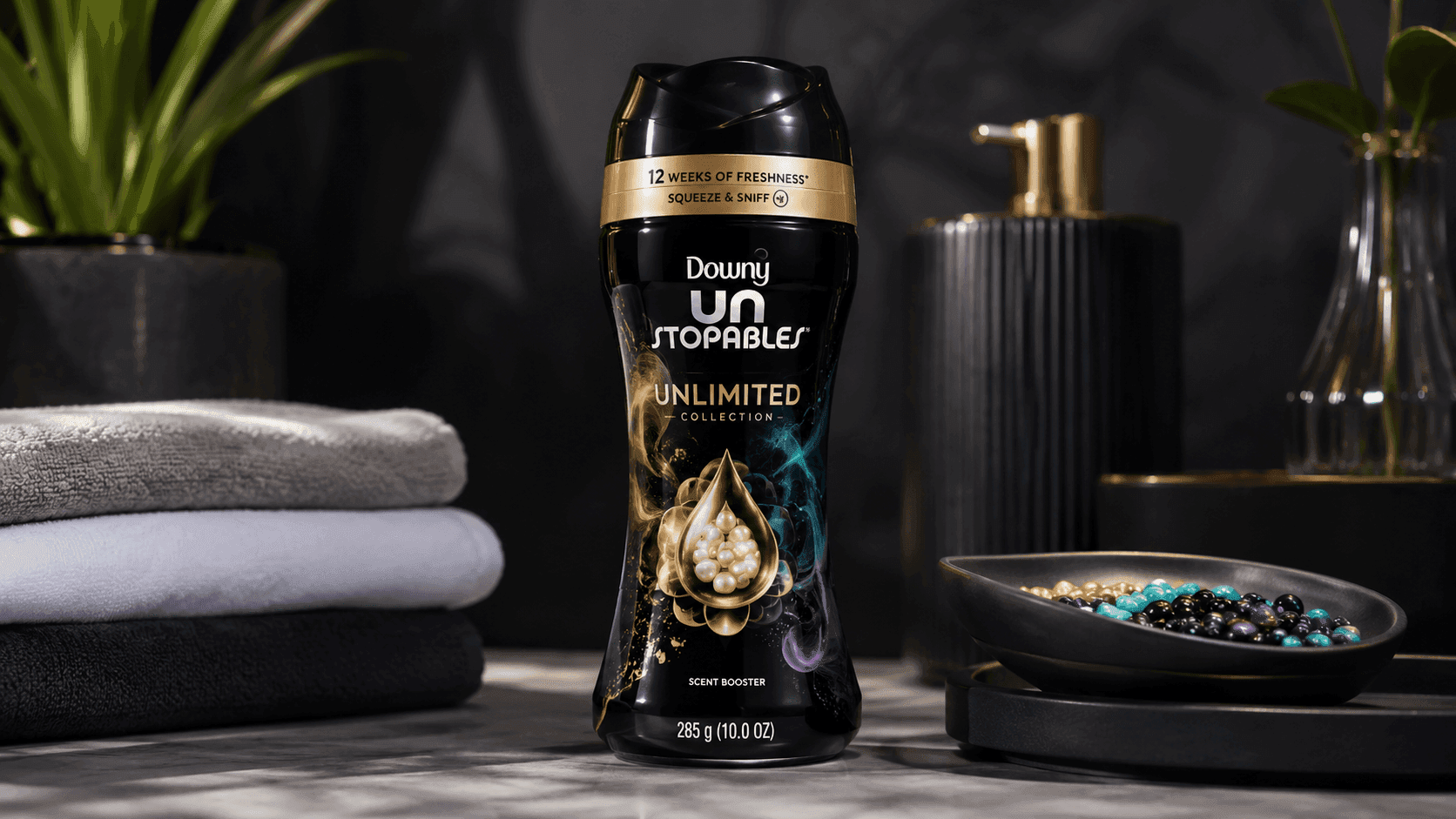 Downy Unstopables Unlimited Collection in-wash laundry scent booster beads for long-lasting fresh fragrance on clothes, towels, and bedding
