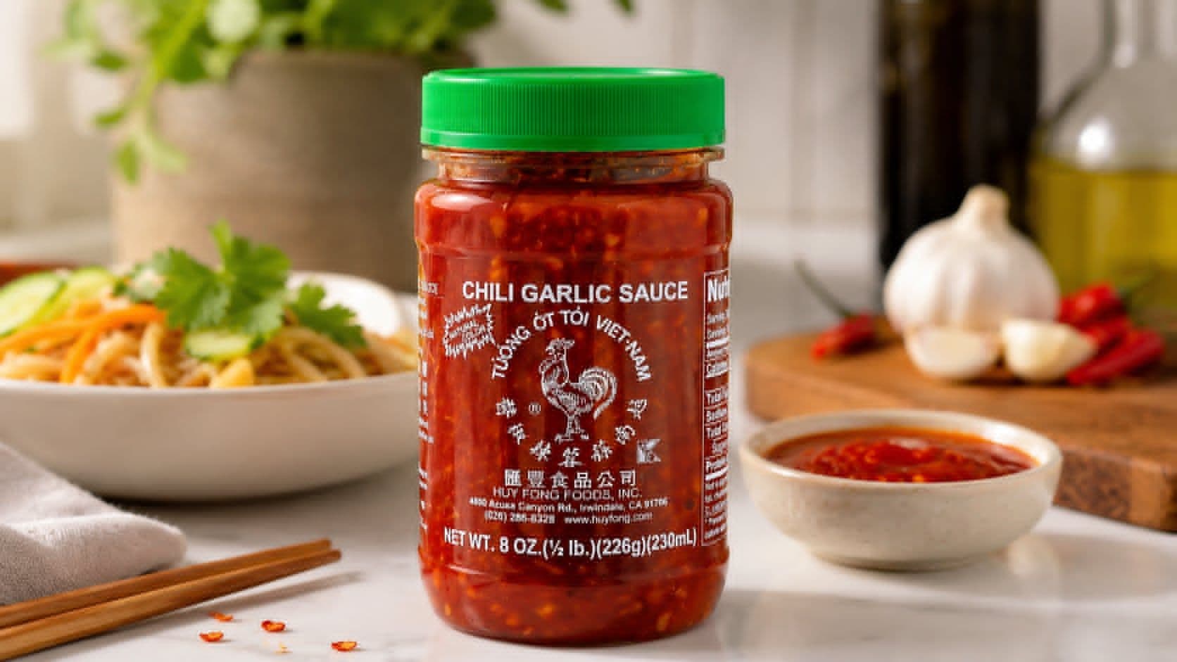 Huy Fong Chili Garlic Sauce 8 oz bottle with spicy garlic chili paste for cooking, dipping, stir-fry recipes, marinades, and Asian cuisine