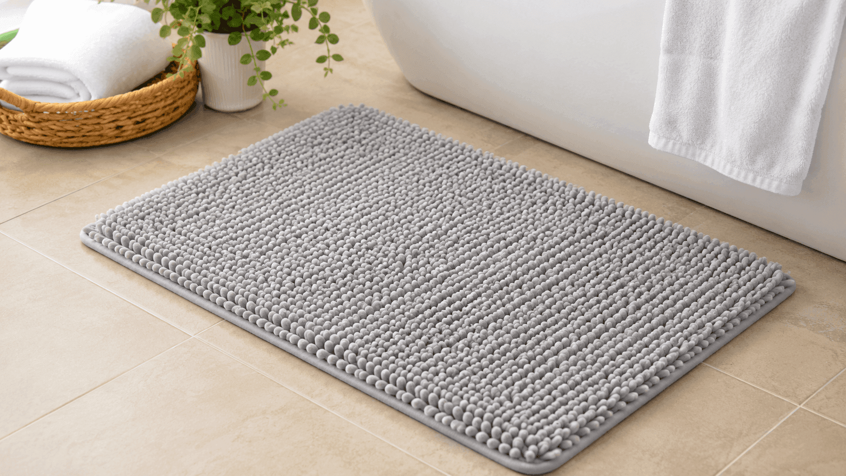 OLANLY Chenille Bathroom Rugs 30x20 ultra-soft microfiber bath mat with non-slip TPR backing in a modern bathroom, quick-drying and highly absorbent