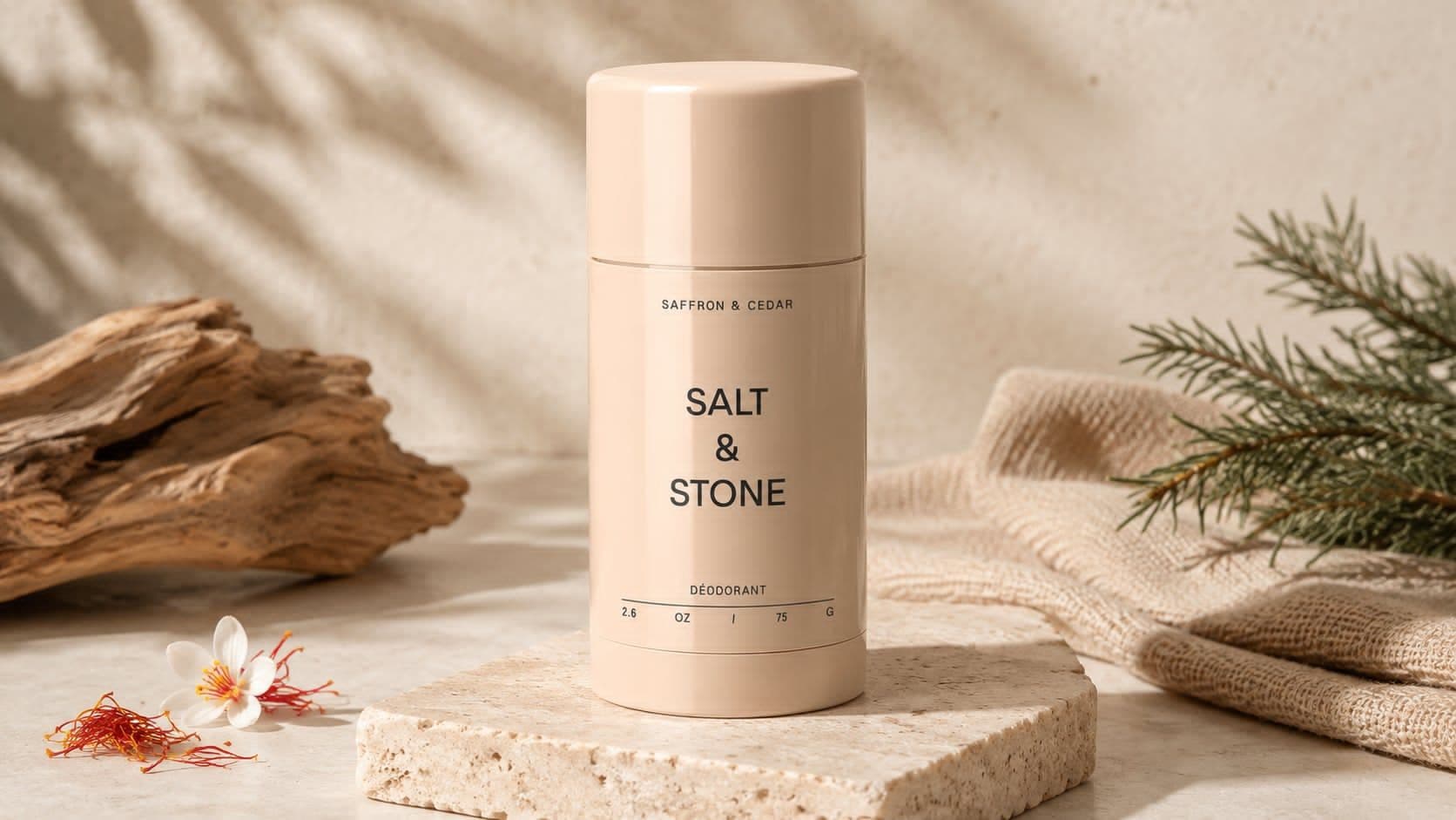 Salt & Stone Aluminum Free Deodorant stick in minimalist packaging showcasing clean beauty natural deodorant formula