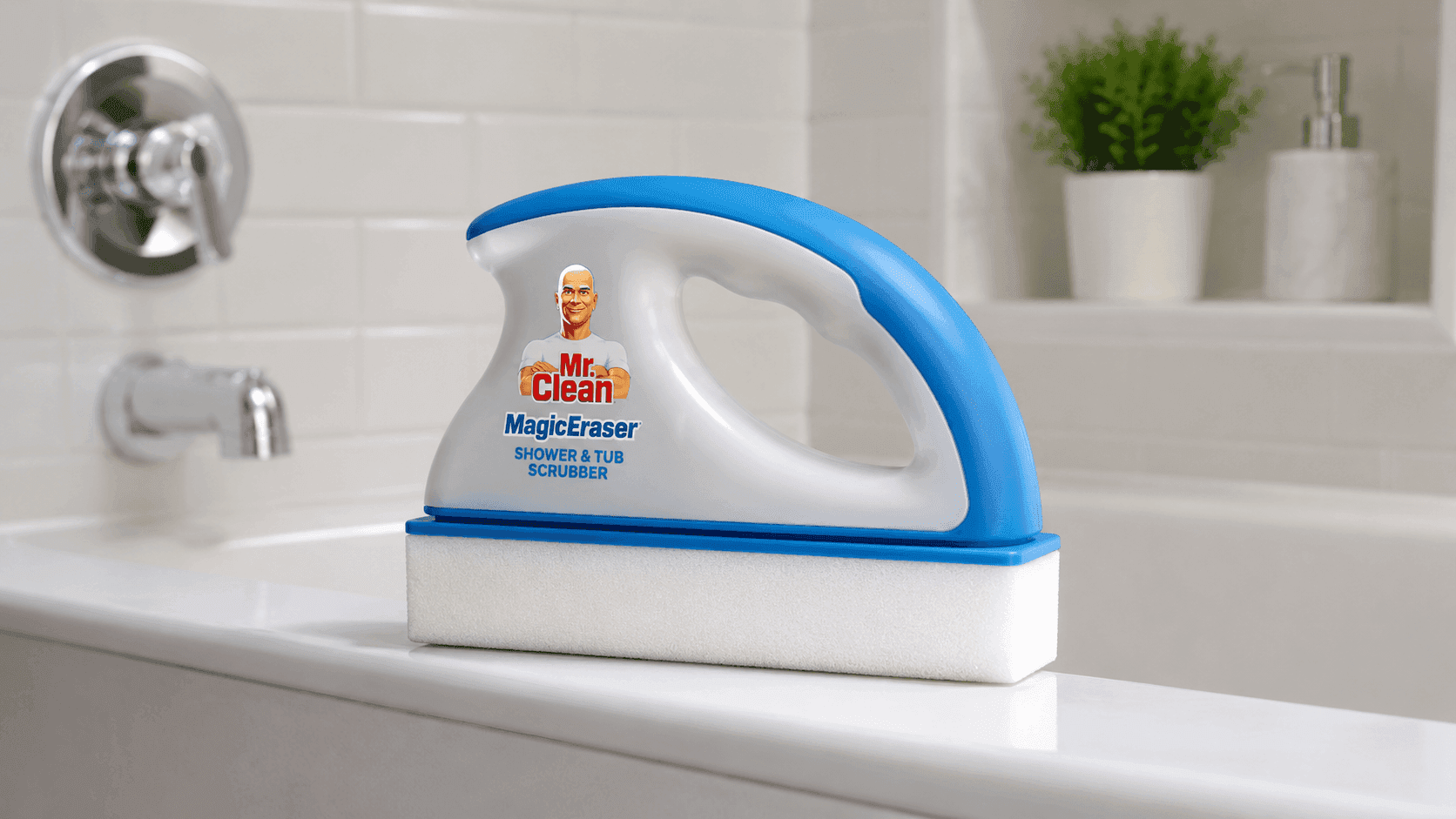 Mr. Clean Magic Eraser Shower & Tub Scrubber with long handle and foaming refill pads for cleaning bathroom tubs, showers, tile, and removing soap scum and hard water stains.